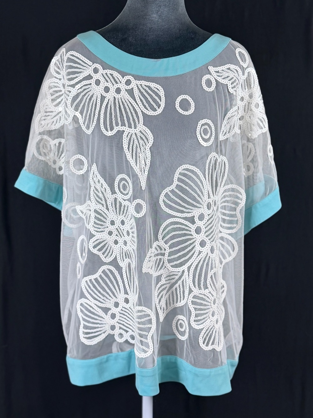 Bob Mackie Sheer White Floral Mesh Cover-Up Aqua Trim Sequins coastal formal qvc